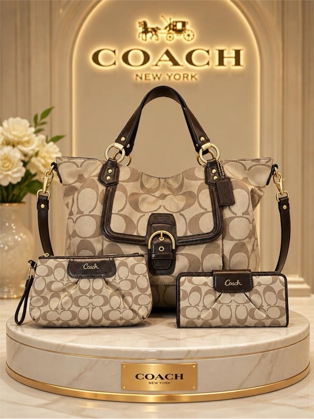COACH Campbell Signature Belle Carryall Shoulder/Tote Bag with Wallet & Wristlet